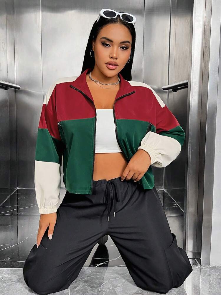 SHEIN EZwear Plus Colorblock Zip Up Jacket - Multicolor - View 6