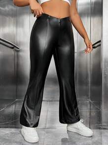 SHEIN Coolane Hơn Cao eo chất liệu da PU Quần ống loe - màu đen - Xem 3