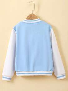 Tween Girl Letter Patched Striped Trim Varsity Jacket Without Tee - Baby Blue - View 2