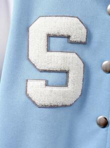 Tween Girl Letter Patched Striped Trim Varsity Jacket Without Tee - Baby Blue - View 5