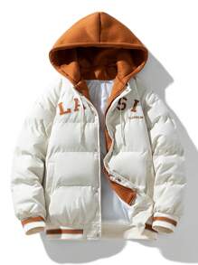 Men Letter Graphic Striped Trim Hooded Padded Coat - White - View 1