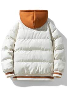 Men Letter Graphic Striped Trim Hooded Padded Coat - White - View 2