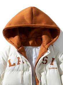 Men Letter Graphic Striped Trim Hooded Padded Coat - White - View 3