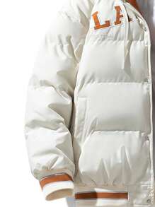 Men Letter Graphic Striped Trim Hooded Padded Coat - White - View 4
