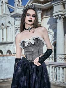 ROMWE PUNK Ren tương phản Viền Ruffle Nơ mặt trước Denim Ống ngọn - Màu xám đen - Xem 7