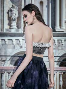ROMWE PUNK Ren tương phản Viền Ruffle Nơ mặt trước Denim Ống ngọn - Màu xám đen - Xem 2