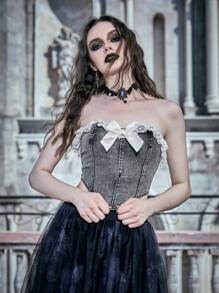 ROMWE PUNK Ren tương phản Viền Ruffle Nơ mặt trước Denim Ống ngọn - Màu xám đen - Xem 1