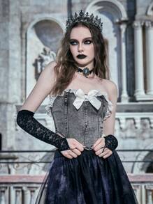 ROMWE PUNK Ren tương phản Viền Ruffle Nơ mặt trước Denim Ống ngọn - Màu xám đen - Xem 4