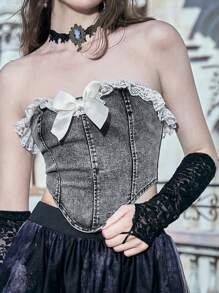 ROMWE PUNK Ren tương phản Viền Ruffle Nơ mặt trước Denim Ống ngọn - Màu xám đen - Xem 6