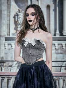 ROMWE PUNK Ren tương phản Viền Ruffle Nơ mặt trước Denim Ống ngọn - Màu xám đen - Xem 5