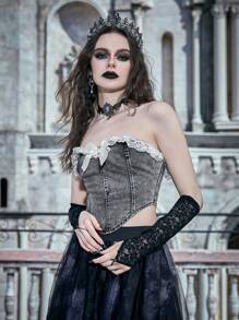 ROMWE PUNK Ren tương phản Viền Ruffle Nơ mặt trước Denim Ống ngọn - Màu xám đen - Xem 9