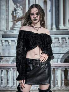 ROMWE PUNK In hoa Off Shoulder Mặt trước dây rút Áo sơ mi - màu đen - Xem 3