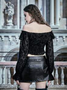 ROMWE PUNK In hoa Off Shoulder Mặt trước dây rút Áo sơ mi - màu đen - Xem 2