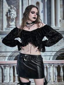 ROMWE PUNK In hoa Off Shoulder Mặt trước dây rút Áo sơ mi - màu đen - Xem 4