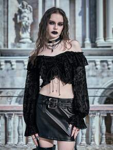 ROMWE PUNK In hoa Off Shoulder Mặt trước dây rút Áo sơ mi - màu đen - Xem 5