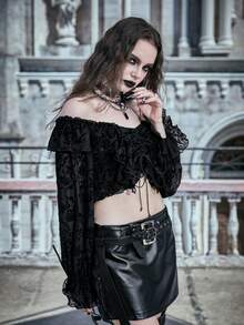 ROMWE PUNK In hoa Off Shoulder Mặt trước dây rút Áo sơ mi - màu đen - Xem 6