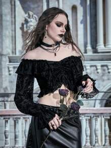 ROMWE PUNK In hoa Off Shoulder Mặt trước dây rút Áo sơ mi - màu đen - Xem 1