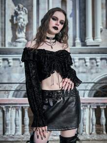 ROMWE PUNK In hoa Off Shoulder Mặt trước dây rút Áo sơ mi - màu đen - Xem 7