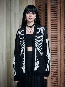 ROMWE PUNK 骷髅图案落肩开衫（无吊带背心）学校 - 黑與白 - 查看 4