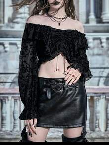 ROMWE PUNK In hoa Off Shoulder Mặt trước dây rút Áo sơ mi - màu đen - Xem 8