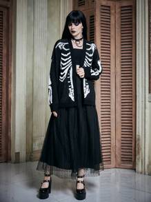 ROMWE PUNK 骷髅图案落肩开衫（无吊带背心）学校 - 黑與白 - 查看 3
