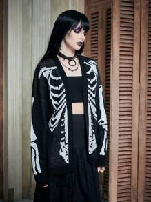 ROMWE PUNK 骷髅图案落肩开衫（无吊带背心）学校 - 黑與白 - 查看 6