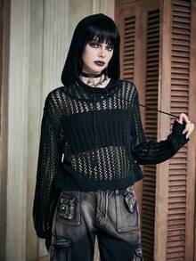 ROMWE PUNK 1 Miếng Chất rắn Xu hướng: Cắt giảm Áo len - màu đen - Xem 5