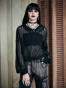 ROMWE PUNK 1 Miếng Chất rắn Xu hướng: Cắt giảm Áo len - màu đen - Xem 6