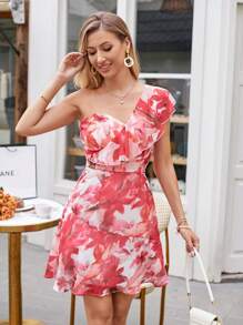 Aveloria Rosie Vestido con estampado floral de un hombro ribete con fruncido - Rosa - Ver 1