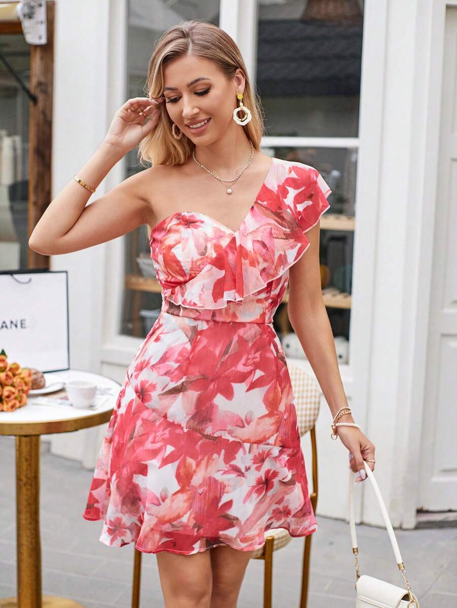 Aveloria Rosie Vestido con estampado floral de un hombro ribete con fruncido - Rosa - Ver 1
