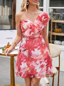 Aveloria Rosie Vestido con estampado floral de un hombro ribete con fruncido - Rosa - Ver 5