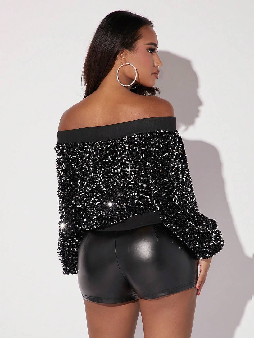 Off Shoulder Zip Up Sequin Jacket