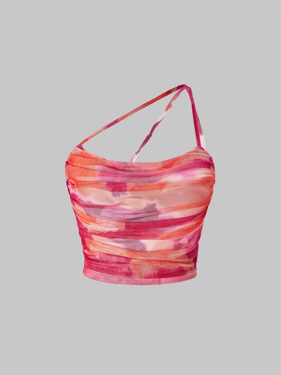 GENKIRA 紮染單肩褶邊網紗上衣 - 彩色 - 查看 1