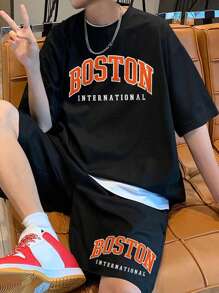 Manfinity Campus Court 男士字母圖案落肩T恤和短褲 - 黑色 - 查看 1