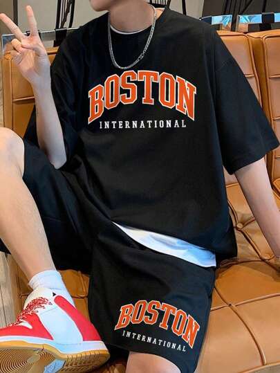 Manfinity Campus Court 男士字母圖案落肩T恤和短褲