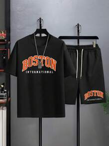 Manfinity Campus Court 男士字母圖案落肩T恤和短褲 - 黑色 - 查看 3