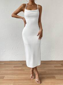 Chiquease 素色肩上打結垂領吊帶連衣裙 - 白色 - 查看 3