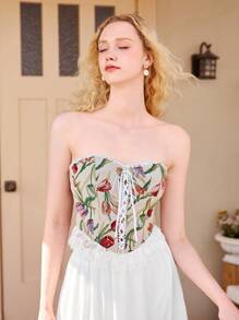 SHEIN MOD Floral Print Lace Up Front Contrast Lace Ruffle Hem Tube Top - Multicolor - View 1