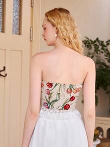 SHEIN MOD Floral Print Lace Up Front Contrast Lace Ruffle Hem Tube Top - Multicolor - View 2