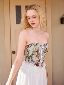 SHEIN MOD Floral Print Lace Up Front Contrast Lace Ruffle Hem Tube Top - Multicolor - View 4