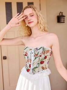 SHEIN MOD Floral Print Lace Up Front Contrast Lace Ruffle Hem Tube Top - Multicolor - View 5