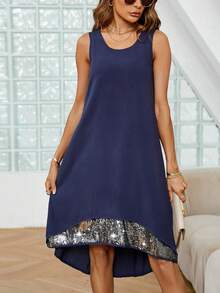 SHEIN Clasi 亮片拼接高低下擺背心連衣裙 - 藏蓝色 - 查看 4