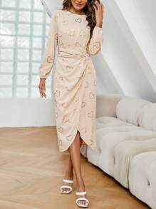 SHEIN Clasi Vestido bajo cruzado con estampado de corazón girante delantero - Caqui - Ver 1