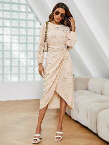 SHEIN Clasi Vestido bajo cruzado con estampado de corazón girante delantero - Caqui - Ver 3
