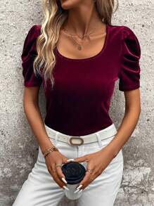 SHEIN Clasi Chất rắn Ống tay áo Áo thun - Màu Đỏ Sâu - Xem 5