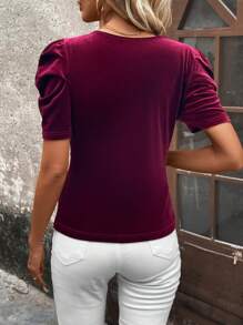 SHEIN Clasi Chất rắn Ống tay áo Áo thun - Màu Đỏ Sâu - Xem 2