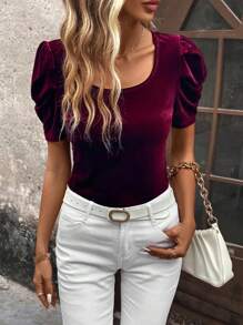 SHEIN Clasi Chất rắn Ống tay áo Áo thun - Màu Đỏ Sâu - Xem 3