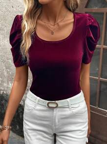 SHEIN Clasi Chất rắn Ống tay áo Áo thun - Màu Đỏ Sâu - Xem 1