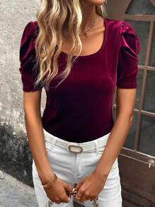 SHEIN Clasi Chất rắn Ống tay áo Áo thun - Màu Đỏ Sâu - Xem 6