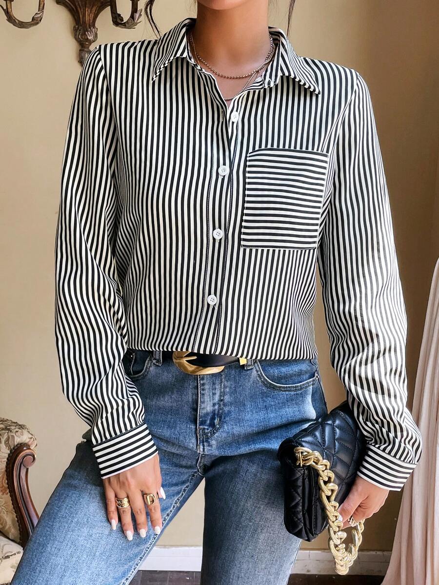 SHEIN LUNE 休閒前紐扣 口袋條紋女士襯衫 - 黑與白 - 查看 1